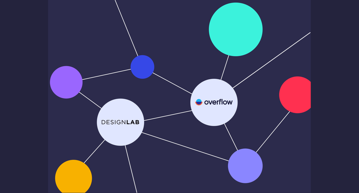 An imaginative illustration with the Designlab and Overflow logos