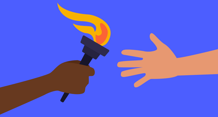 An illustration of someone handing a lit torch to another hand.