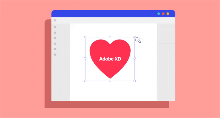 An illustration of the words Adobe XD against a red heart background.
